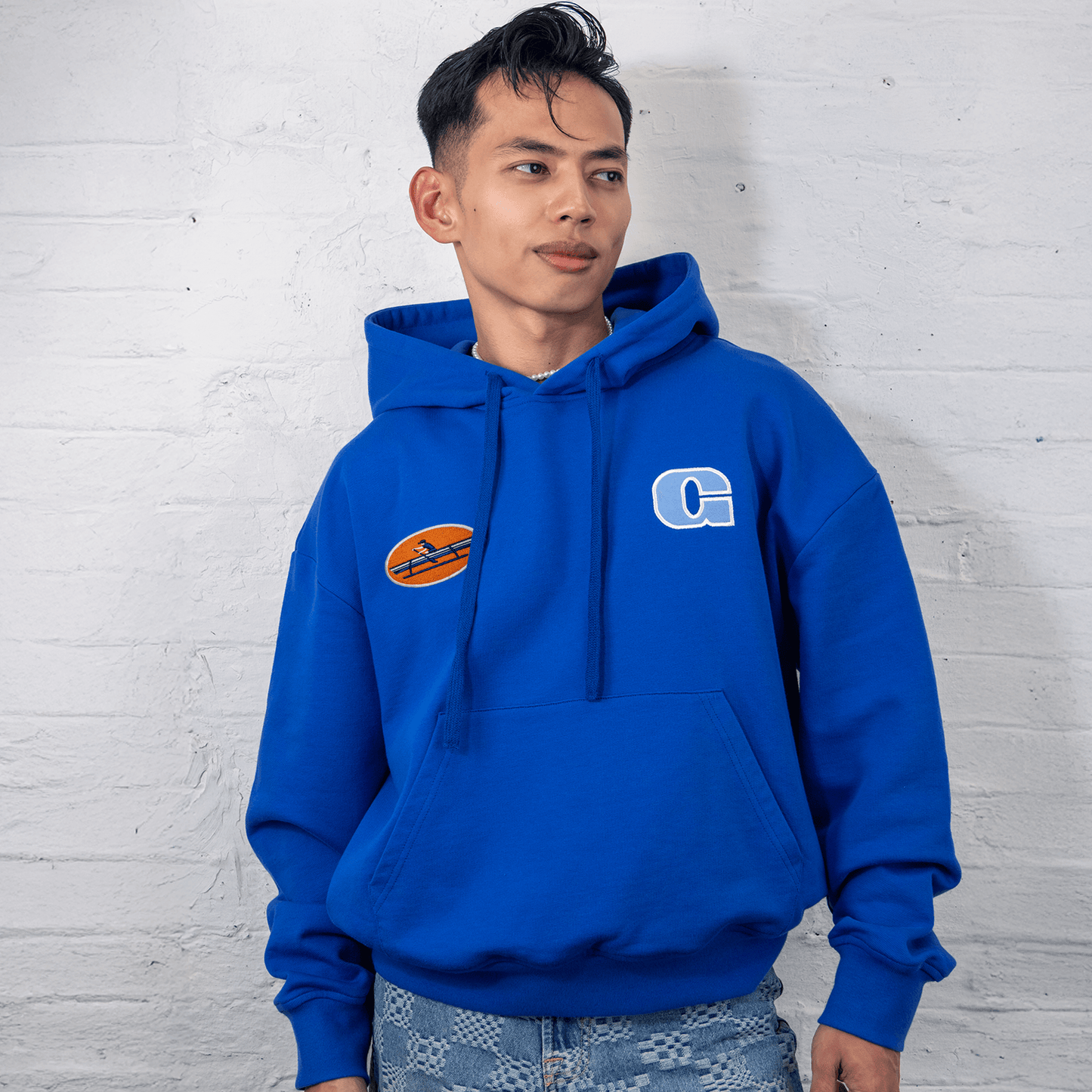row blue hoodie